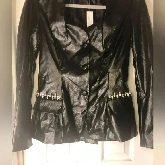Chic Black Leather Jacket.
Snake Embossed Faux Leather Embellished Blazer - Picture 10 of 17